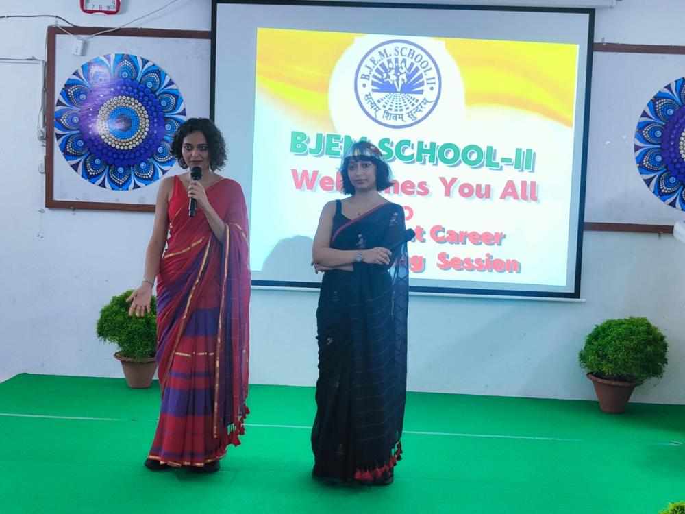 Sujata and Taniya Biswas, BJEM-I alumni and Suta founders, inspired students with their entrepreneurial journey and career insights.